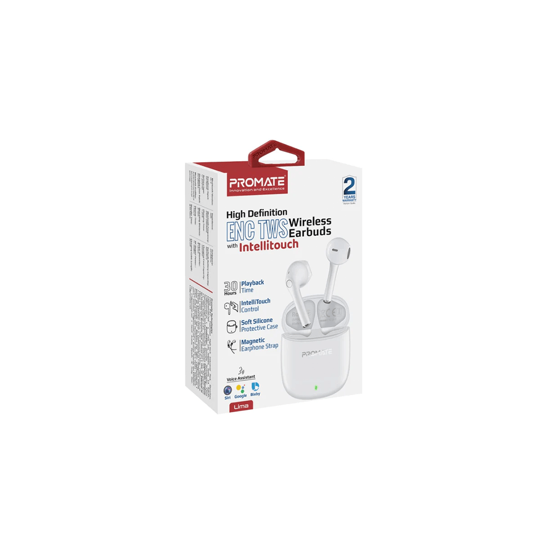 Promate Lima High Definition ENC TWS Wireless Earbuds with IntelliTouch - White in Qatar Promate Lima High Definition ENC TWS Wireless Earbuds with IntelliTouch - White in Qatar